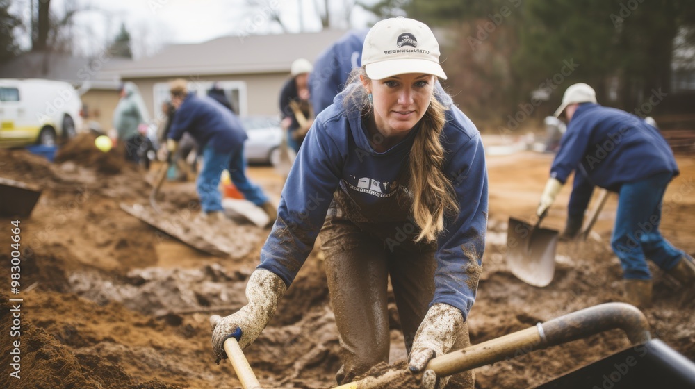 Volunteers in a construction site tirelessly work on building a new home, highlighting teamwork, dedication, and community spirit. Volunteers in a construction site tirelessly work on building a new home, highlighting teamwork, dedication, and community spirit.
