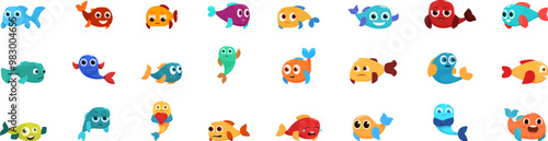 Fish character emotions icons set. This vector illustration set features a collection of adorable cartoon fish with a wide range of emotions, perfect for adding a touch of personality and fun to any