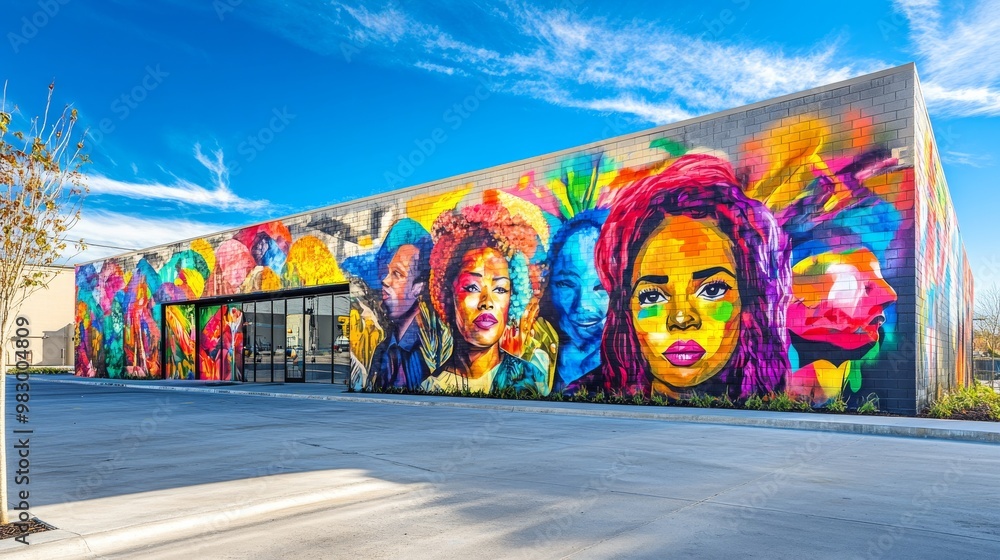 A large, colorful mural on a city wall captures powerful themes of ...
