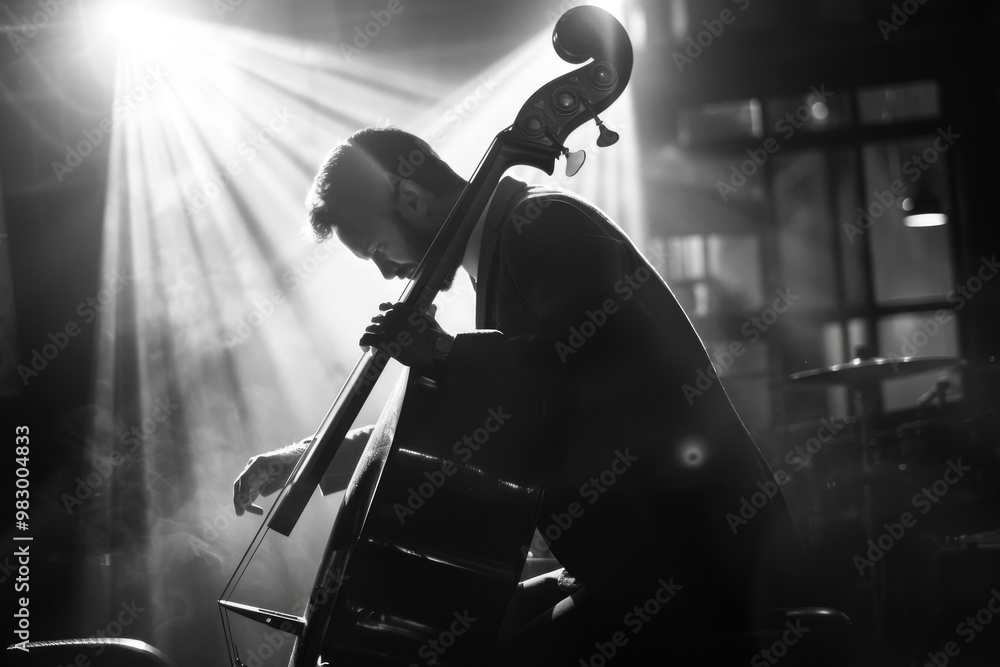 Fototapeta premium Silhouette of Cellist in Dramatic Lighting During Intimate Performance
