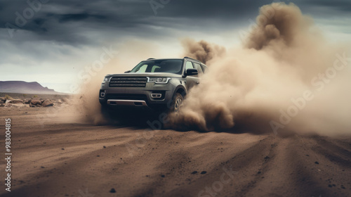 An SUV kicks up a cloud of dust as it speeds through a desert landscape, showcasing its powerful off-road capabilities.