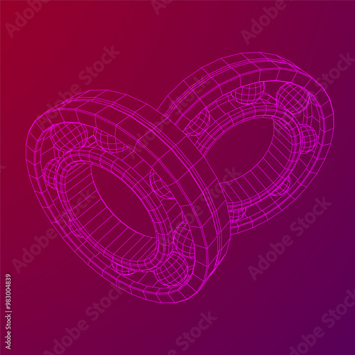 Roller bearing. Circular round rotating bearings used in industry for heavy equipment mechanical work and engineering. Wireframe low poly mesh vector illustration.