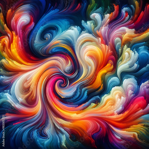 A vivid display of swirling, multicolored paint strokes creating a dynamic abstract pattern. The image is filled with energy, flow, and vibrant hues.