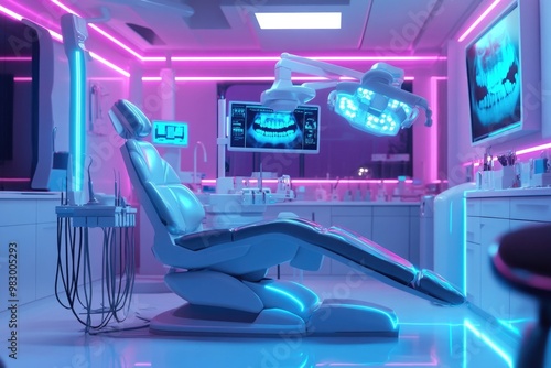 Futuristic neon dental office with high-tech equipment and pink lighting photo