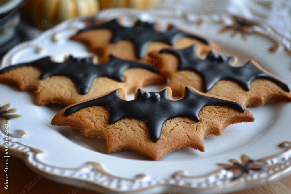 Halloween cookies with bat shapes on plate Halloween cookies with bat shapes on plate