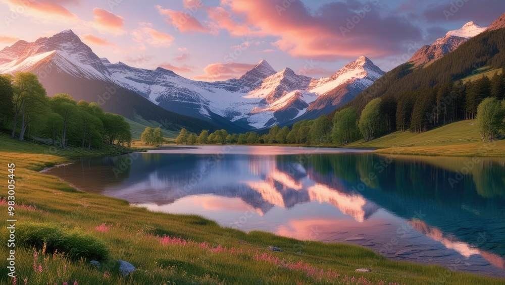 Obraz premium breathtakingly realistic 8k landscape featuring a serene mountain range at sunrise