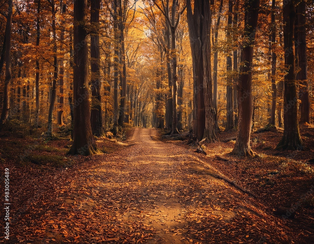 Fototapeta premium Lush forest in autumn with a wide path full of fallen leaves in brown tones