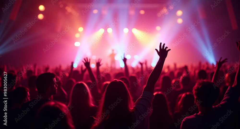 A large crowd of people at a music concert, with hands raised and vibrant lighting, creating an energetic and lively atmosphere A large crowd of people at a music concert, with hands raised and vibrant lighting, creating an energetic and lively atmosphere