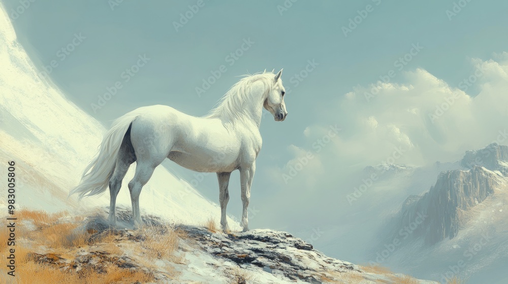 A majestic steed, with a coat as white as winter's snow, and a spirit as fierce as the desert wind. A majestic steed, with a coat as white as winter's snow, and a spirit as fierce as the desert wind.