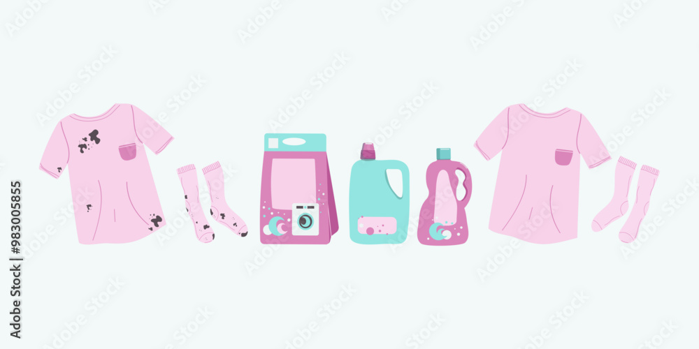 Set detergents for washing in the washing machine. Clean and dirty clothes, T-shirt and socks. Clothes with dirt stains and washed. Household detergents and cleaning products. Packages and bottles. Set detergents for washing in the washing machine. Clean and dirty clothes, T-shirt and socks. Clothes with dirt stains and washed. Household detergents and cleaning products. Packages and bottles.