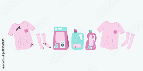 Set detergents for washing in the washing machine. Clean and dirty clothes, T-shirt and socks. Clothes with dirt stains and washed.  Household detergents and cleaning products. Packages and bottles. 