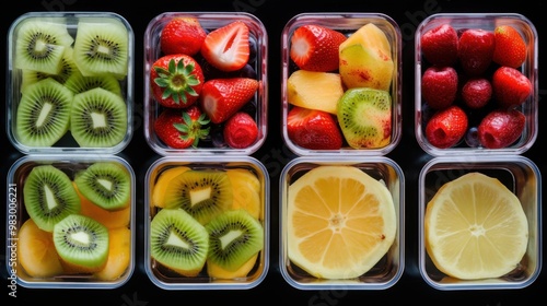 An assortment of fresh kiwi, strawberries, mango, and lemon slices organized neatly in individual transparent containers.