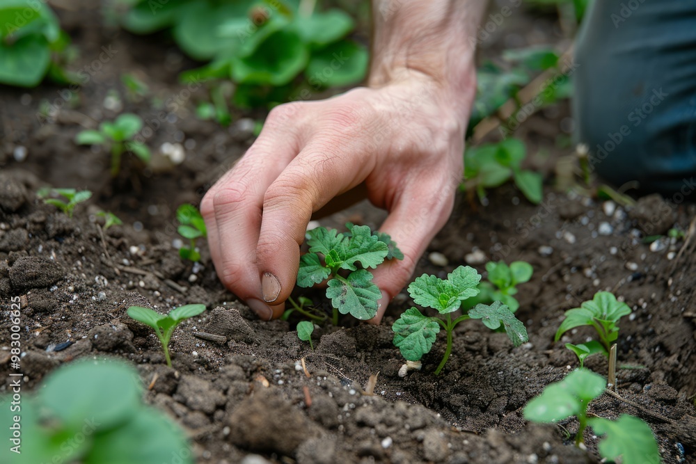 Gardener removing weeds growing near vegetable plants Gardener removing weeds growing near vegetable plants