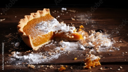 A chaotic yet inviting pumpkin pie with a missing slice, topped with powdered sugar on a rustic wooden table, evoking the warmth and comfort of homemade treats. photo