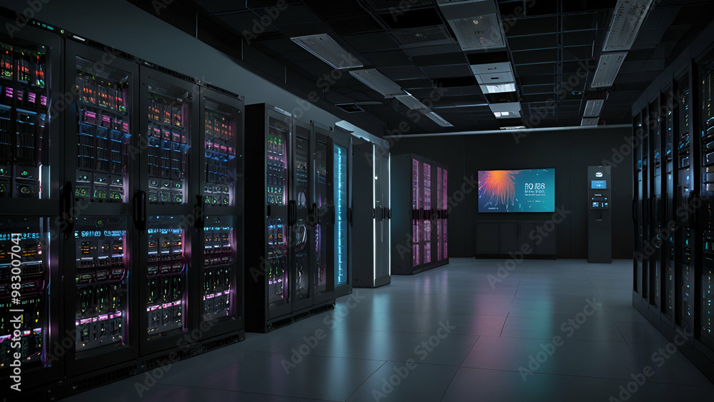 Vibrant data center with advanced IT infrastructure, ideal for tech events and presentations. Vibrant data center with advanced IT infrastructure, ideal for tech events and presentations.