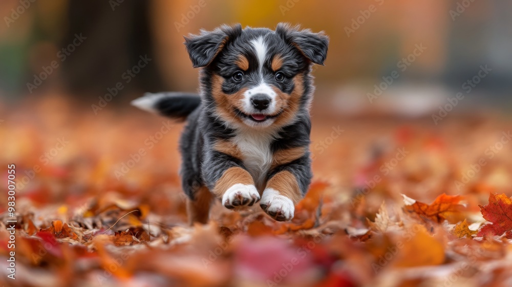 A tiny Australian Shepherd puppy frolics in vibrant autumn foliage. A tiny Australian Shepherd puppy frolics in vibrant autumn foliage.