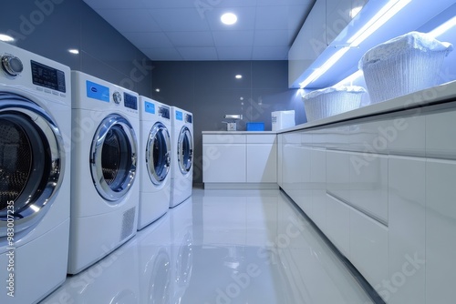 Utility Room Interior with Modern Laundry Machines for Washing and Drying Clothes