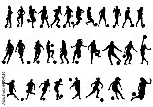 Set of Female Football Soccer Players Futbol Silhouette on White Background Stock Vector