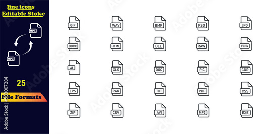 Line icon set for document file formats, including EPS, PDF, PSD, AI, XL, PPT, EXE, and more. Editable stroke icon collection.
