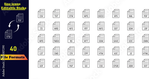 Line icon set for document file formats, including EPS, PDF, PSD, AI, XL, PPT, EXE, and more. Editable stroke icon collection.