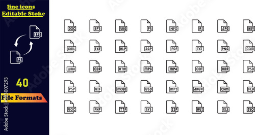 Line icon set for document file formats, including EPS, PDF, PSD, AI, XL, PPT, EXE, and more. Editable stroke icon collection.