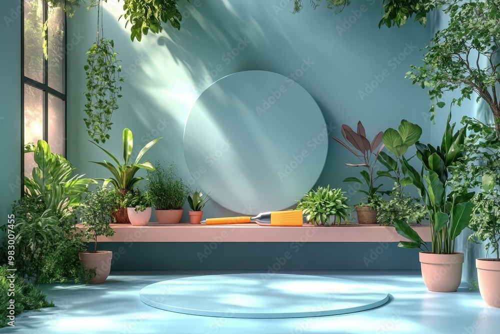 Gardening tools and plants on a potting bench in 3D rendered minimalist style with empty circle podium Gardening tools and plants on a potting bench in 3D rendered minimalist style with empty circle podium