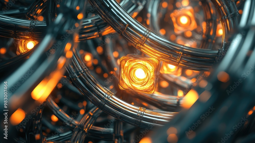 Interwoven 3D tubes glowing softly, suspended in a complex geometric structure. Interwoven 3D tubes glowing softly, suspended in a complex geometric structure.