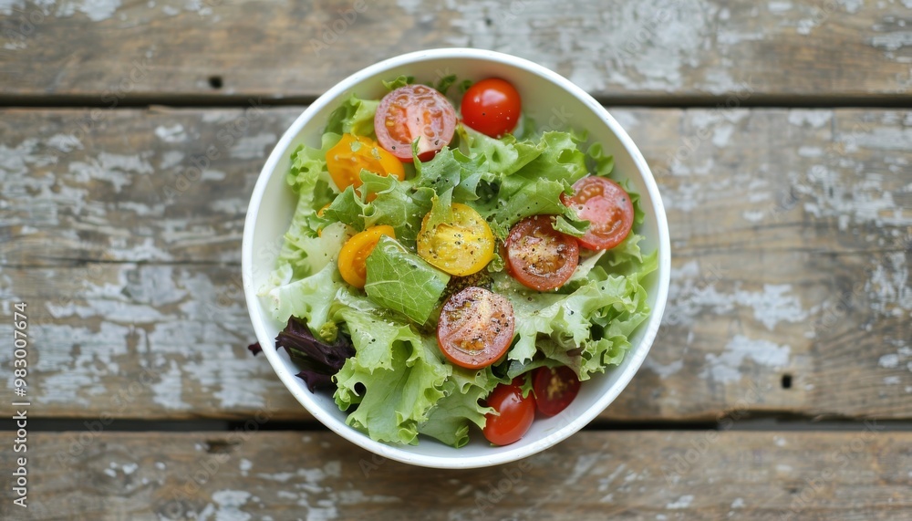 Vibrant and fresh salad displayed on a rustic wooden table for a healthy meal inspiration Vibrant and fresh salad displayed on a rustic wooden table for a healthy meal inspiration
