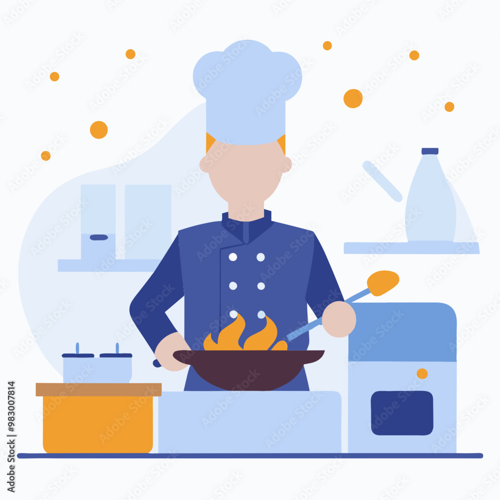 A chef is cooking food in a kitchen with a fire in the background. The chef is wearing a blue chef's hat and a blue apron A chef is cooking food in a kitchen with a fire in the background. The chef is wearing a blue chef's hat and a blue apron