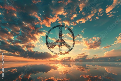 Peace sign hovering over tranquil ocean at sunset with colorful clouds photo