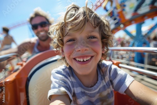 Happy boy riding a roller coaster with his family at amusement park