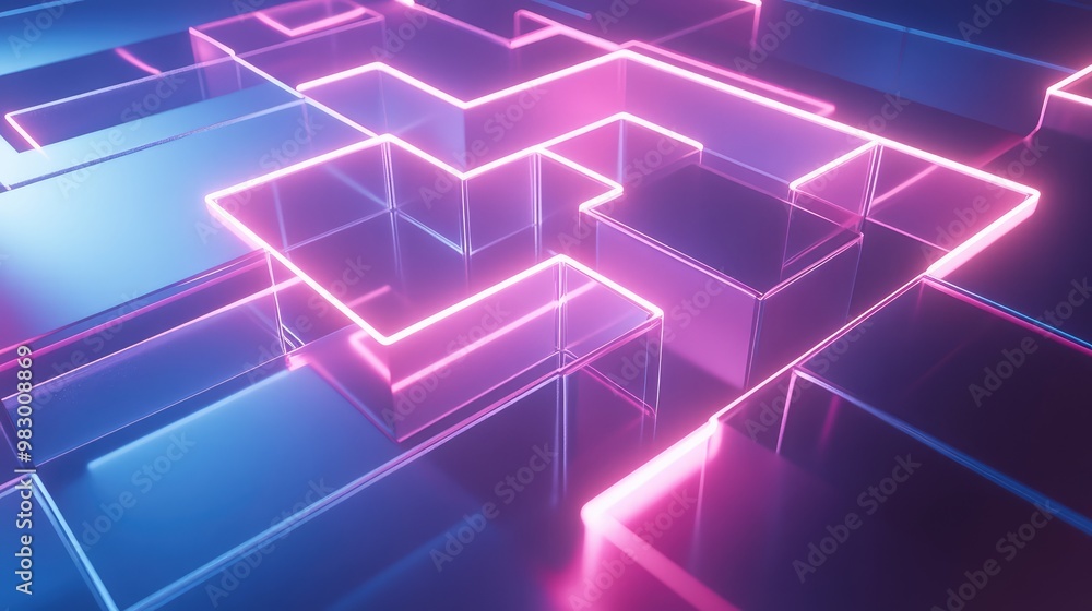 A floating 3D maze of glass walls illuminated by a soft neon light. A floating 3D maze of glass walls illuminated by a soft neon light.