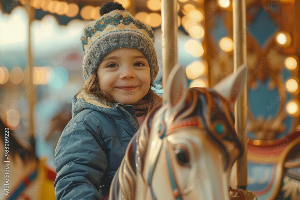 Happy boy smiling on a carousel ride Happy boy smiling on a carousel ride