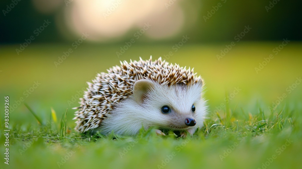 A tiny hedgehog, all curled up on green grass, looks adorable. A little hedgehog is having fun playing in the grass. A close-up view of a baby hedgehog. A tiny hedgehog, all curled up on green grass, looks adorable. A little hedgehog is having fun playing in the grass. A close-up view of a baby hedgehog.