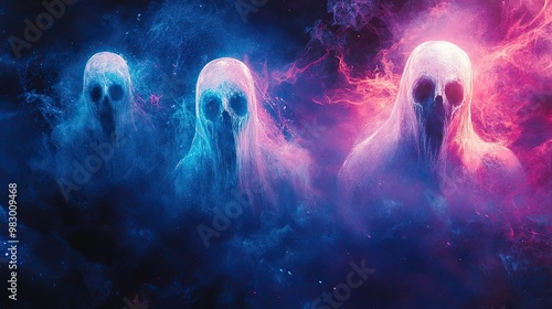 Four ghosts are floating in the sky, with their heads and bodies covered in a strange, glowing substance. The atmosphere is eerie and unsettling photo