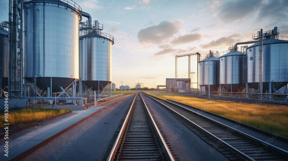 An expansive industrial landscape dominated by multiple metallic silos set against a serene sunset, with rail tracks leading the viewer’s eye into the horizon. An expansive industrial landscape dominated by multiple metallic silos set against a serene sunset, with rail tracks leading the viewer’s eye into the horizon.