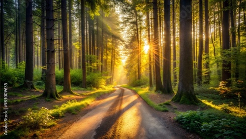 A serene forest pathway illuminated by sunlight, surrounded by tall trees and lush greenery, creating a tranquil atmosphere.