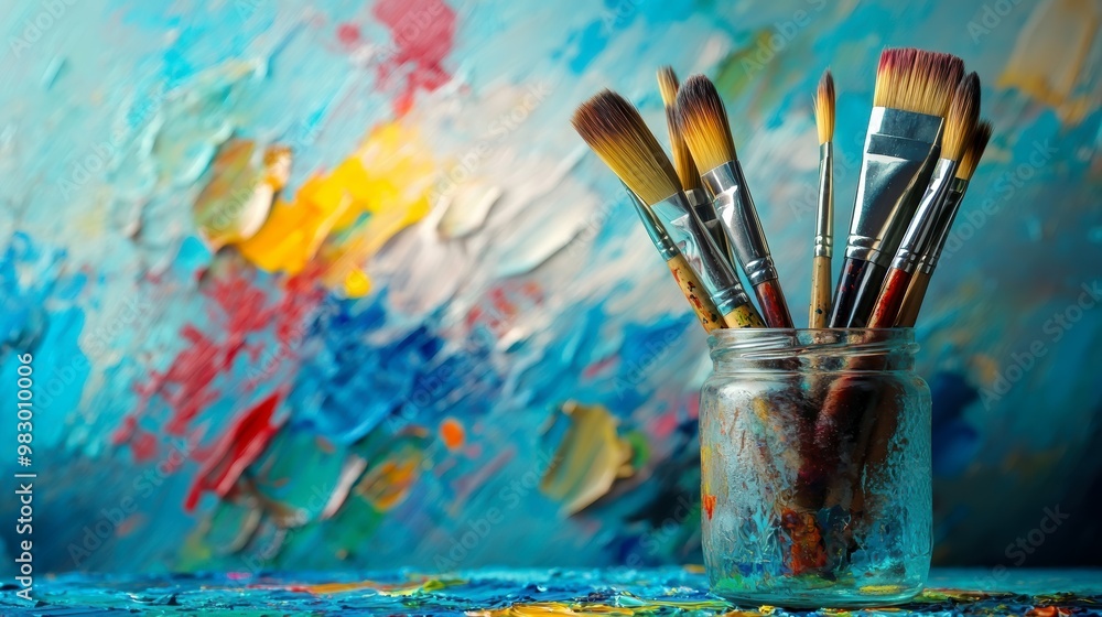 A jar filled with various paintbrushes sits in front of a vibrant, abstract background, showcasing artistic tools against a colorful backdrop A jar filled with various paintbrushes sits in front of a vibrant, abstract background, showcasing artistic tools against a colorful backdrop
