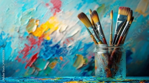 A jar filled with various paintbrushes sits in front of a vibrant, abstract background, showcasing artistic tools against a colorful backdrop