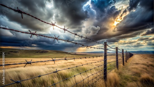 A high barbed wire fence in a desolate landscape, with stormy skies above, symbolizing a difficult obstacle to overcome 