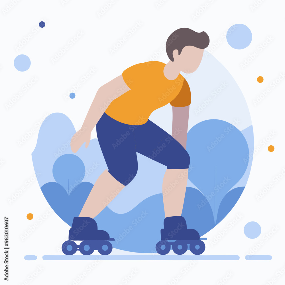 A man in an orange shirt is riding a skateboard. The image has a playful and energetic mood A man in an orange shirt is riding a skateboard. The image has a playful and energetic mood