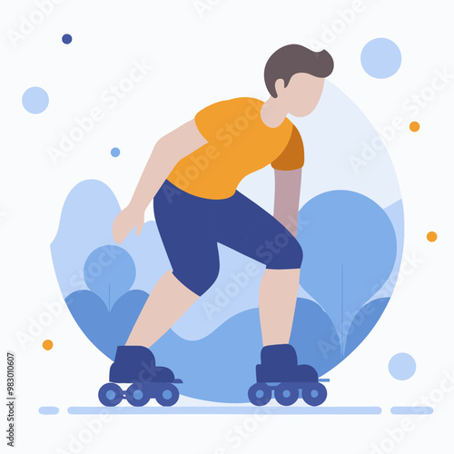 A man in an orange shirt is riding a skateboard. The image has a playful and energetic mood