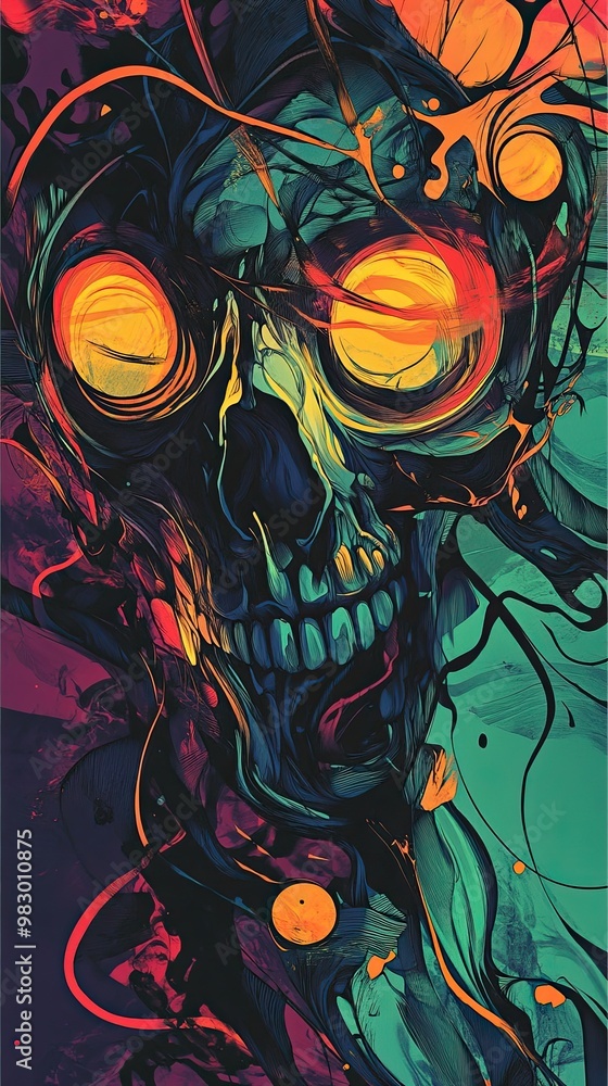 A skull with glowing eyes and a green background A skull with glowing eyes and a green background