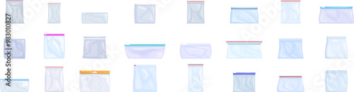 Zip bag icons set. Set of realistic transparent plastic zippered bags showing different sizes and shapes for easy storage of food and non food products