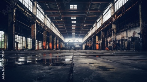 An empty, dimly lit, and vast industrial warehouse, exuding an air of abandonment and decay with its gritty textures and reflections on the floor.