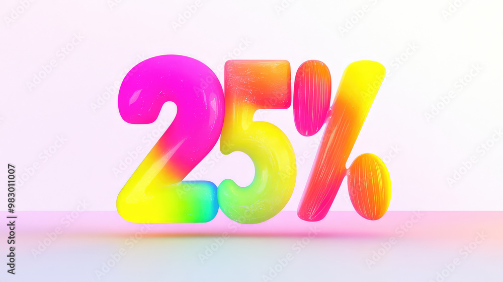 Naklejka premium A vividly colored 3D number rendering displaying 25 percent, featuring a vibrant gradient of bright neon colors blending seamlessly together on a soft background.