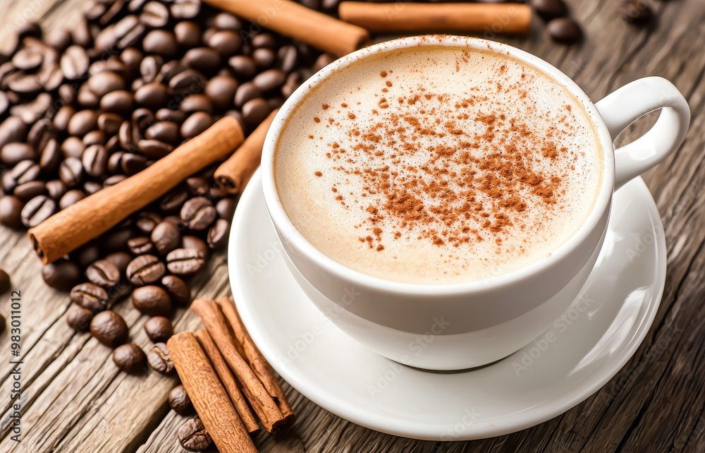 A cozy cup of coffee topped with cinnamon, surrounded by roasted beans and cinnamon sticks on a rustic wooden table. A cozy cup of coffee topped with cinnamon, surrounded by roasted beans and cinnamon sticks on a rustic wooden table.