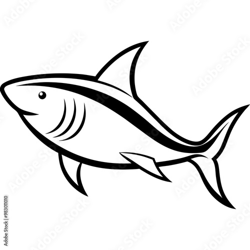 Stylized Black Shark Line Art on White Vector