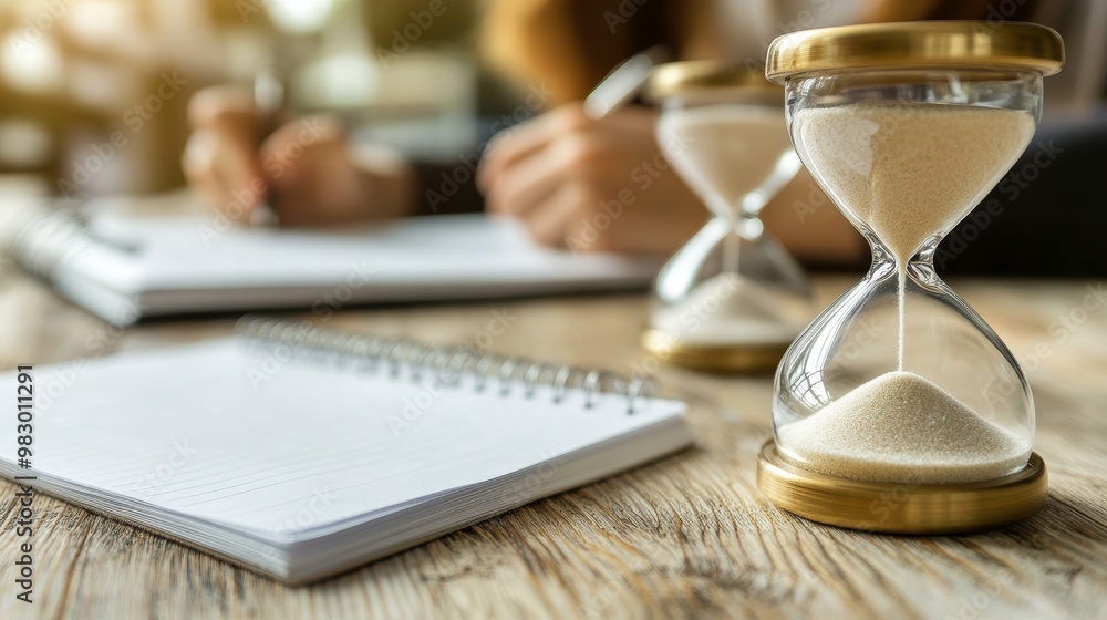 An individual writes in a notebook, with two hourglasses in the foreground, symbolizing time management and focus on tasks An individual writes in a notebook, with two hourglasses in the foreground, symbolizing time management and focus on tasks