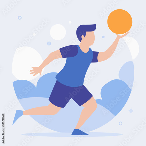 A man in a blue shirt and blue shorts is running and holding a basketball. Concept of athleticism and energy, as the man is actively engaged in a physical activity